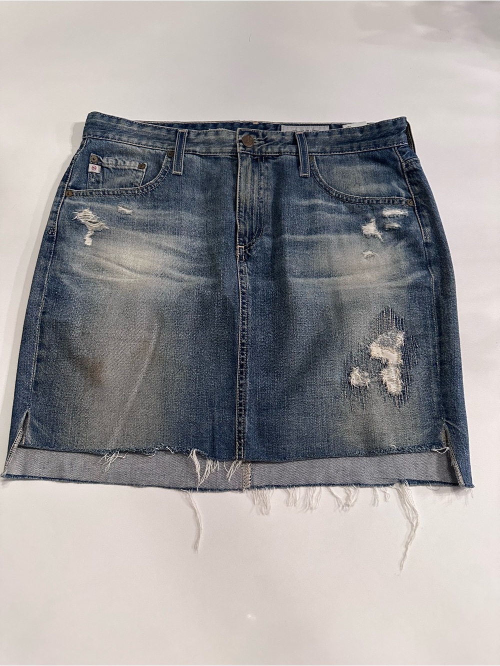 AG801 - AG Adriano Goldschmied Distressed Raw Hem Denim Mini Skirt Size 32R